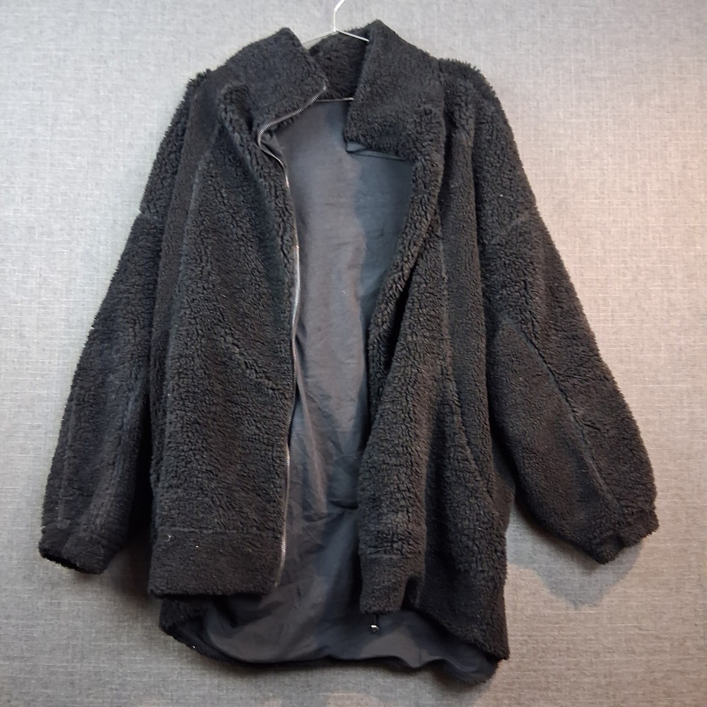 Oversized Black Teddy Fleece Zip Up Jacket High Neck Sherpa Coat 0768
